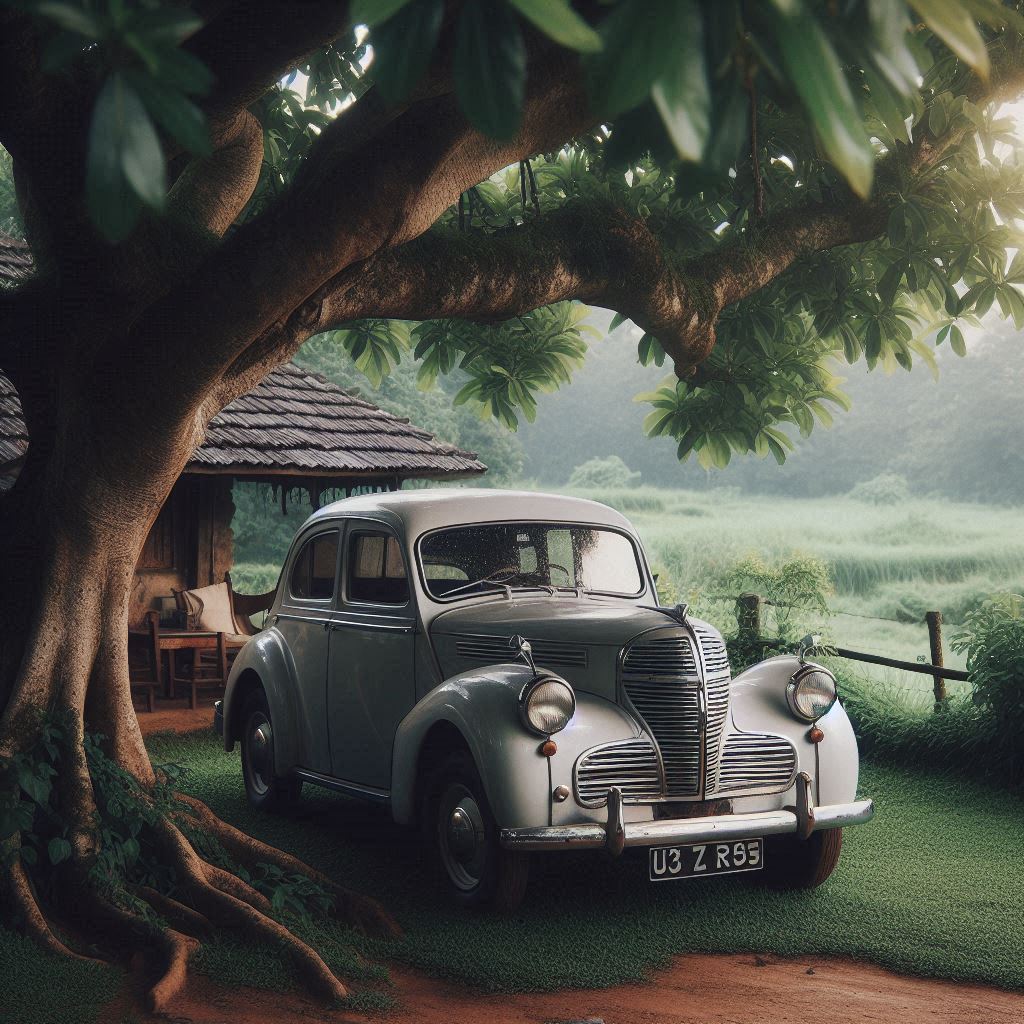 A vintage car parked under a tree.